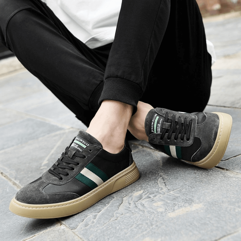 Stylish leather men's shoes in sports style SF1176, black with green stripes, genuine leather, breathable lining, rubber outsole.